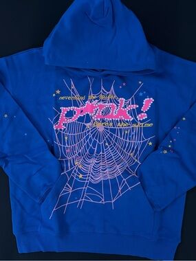 Blue spider Sweater with Pink Spiderweb Graphic